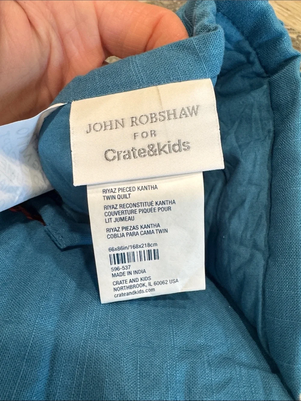 Crate and Barrel Kids blue with Orange Stitching twin quilt & John robshaw